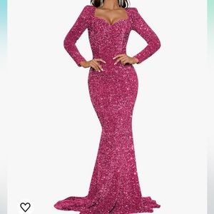 Hot pink sequin velvet  long sleeve gown